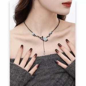 Pale Blue Rose Gothic Necklace – Soft Romantic Crystal Drop Pendant